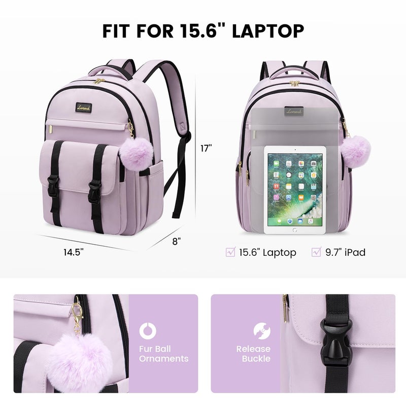 LOVEVOOK School Backpack for Teen Girls  Student Backpack Purse for 14-16 Teenage  Cute Kid Bookbag  Back to School Backpacks Fit 15.6 Inch Laptop  Large College Travel Bag  Light Purple - Image 4